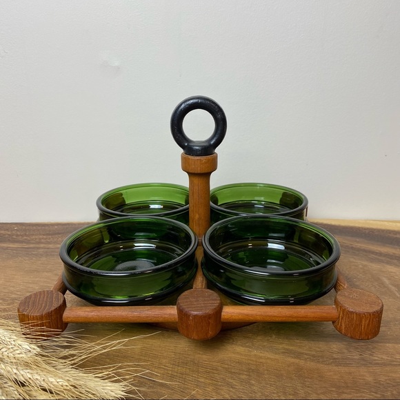 Nissen Denmark Teak and Emerald Green Glass snack serving Set